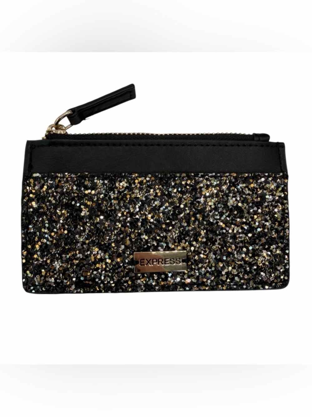 Express Black Glitter Zip Card Pouch with Gold Logo